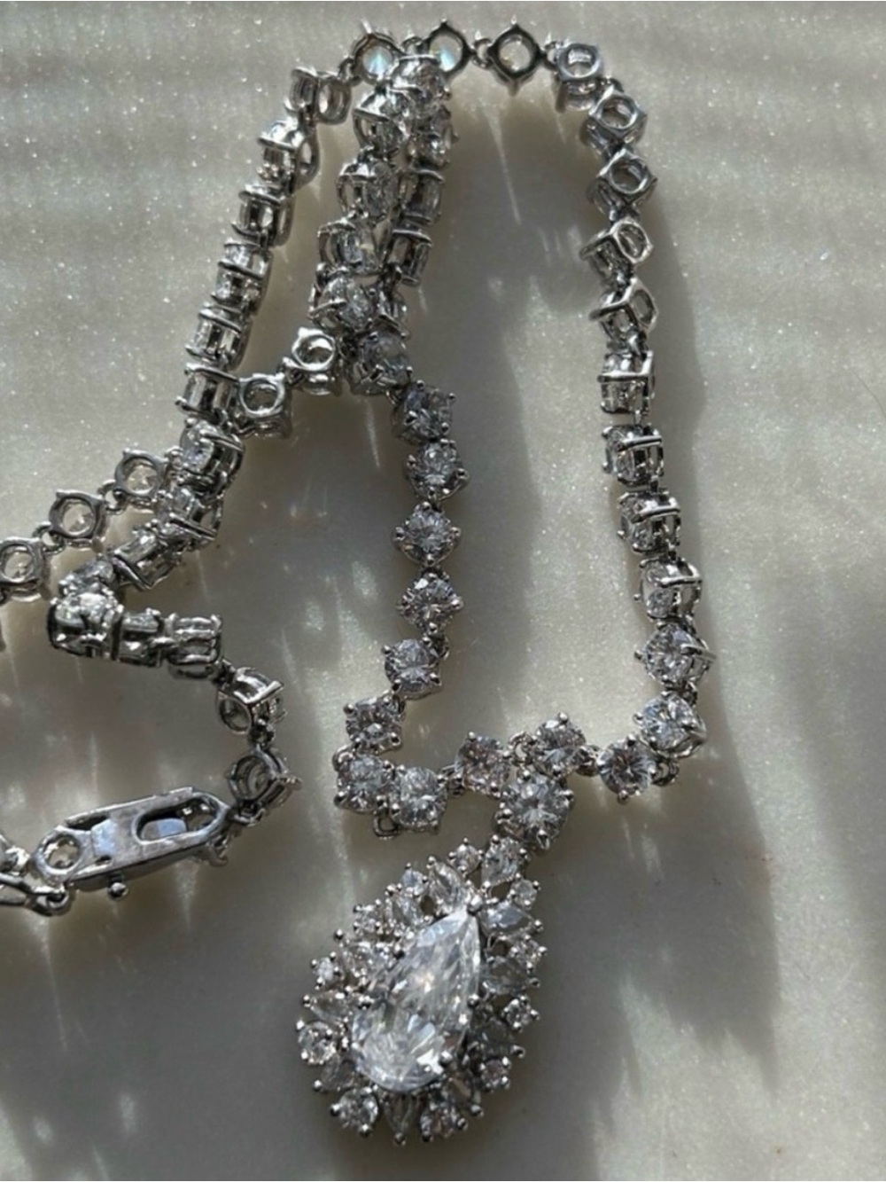 Silver tone Crystal Teardrop Pendant Necklace